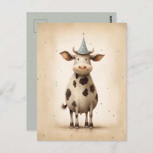 Carte Postale Illustration de vache heureuse (Devant / Derrière)