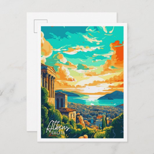 Carte Postale Illustration de voyage d'Athènes Grèce Art (Devant / Derrière)