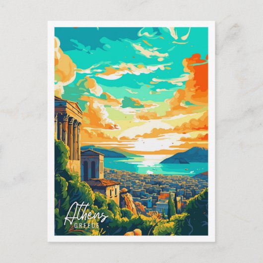 Carte Postale Illustration de voyage d'Athènes Grèce Art (Devant)