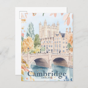Carte Postale Illustration de voyage en aquarelle Cambridge Angl