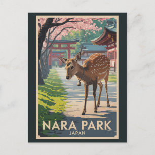 Carte Postale Illustration de voyage rétro de cerfs du parc Nara