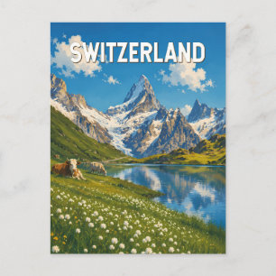 Carte Postale Illustration de voyage rétro de vaches suisses