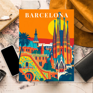 Carte Postale Illustration de voyage vintage à Barcelone en Espa