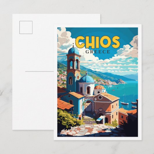 Carte Postale Illustration de voyage vintage Chios Greece (Devant / Derrière)