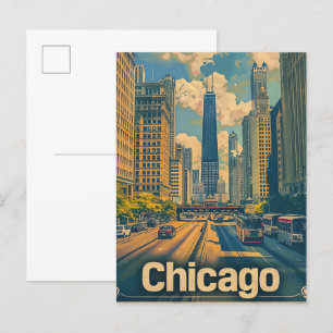 Carte Postale Illustration de voyage Vintage de Chicago Illinois