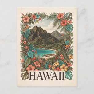 Carte Postale Illustration de voyage vintage d'Hawaï avec des fl