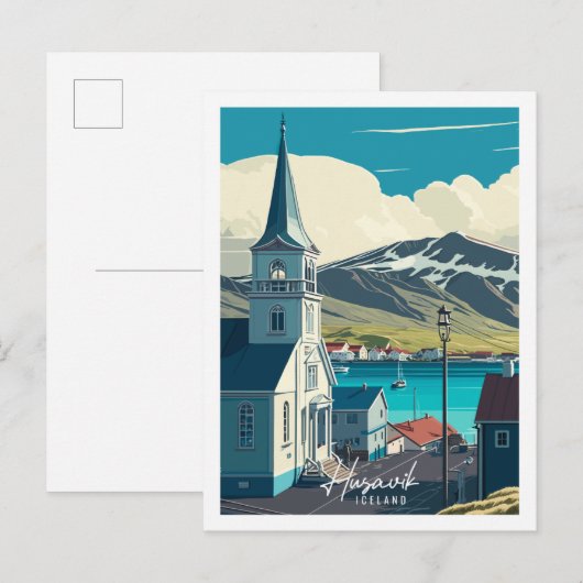 Carte Postale Illustration de voyage vintage Husavik Islande (Devant / Derrière)