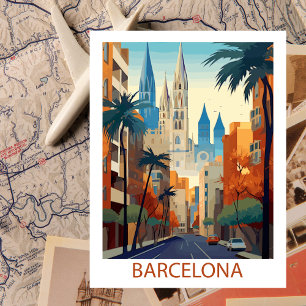 Carte Postale Illustration de voyage vintage sur Barcelone rétro