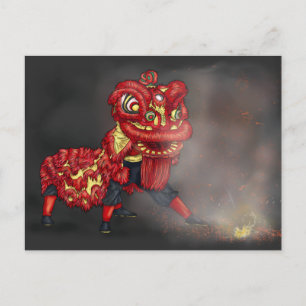 Carte Postale Illustration des danseurs de lions chinois Firecra