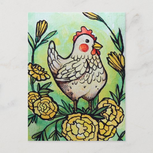 Carte Postale Illustration des poulets à fleurs et poulets (Devant)