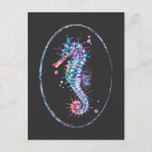 Carte Postale Illustration d'hippocampe coloré Art sous-marin