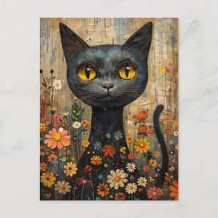 Carte Postale Illustration du chat doux avec des fleurs