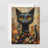 Carte Postale Illustration du chat doux avec des fleurs (Devant / Derrière)