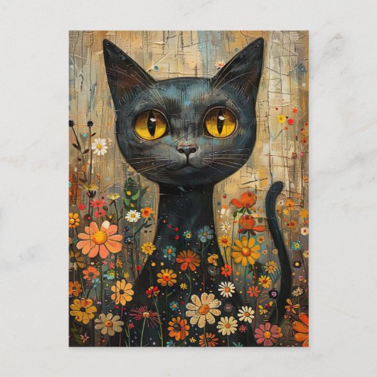 Carte Postale Illustration du chat doux avec des fleurs (Devant)