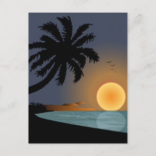 Carte Postale Illustration du coucher de soleil d'été avec palmi