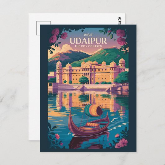 Carte Postale Illustration du palais de la ville d'Udaipur en In (Devant / Derrière)
