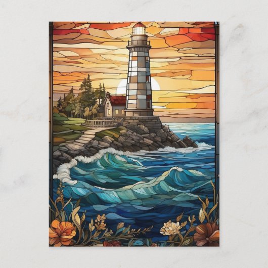 Carte Postale Illustration du phare au soleil couchant (Devant)