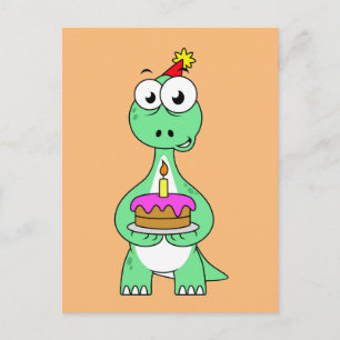 Carte Postale Illustration d'un Brontosaurus avec un gâteau d'an
