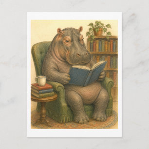 Carte Postale Illustration d'un hippopotame lisant un livre