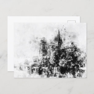 Carte Postale Illustration en noir et blanc Cathédrale Notre-Dam