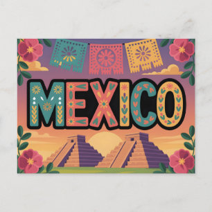 Carte Postale Illustration festive du Mexique avec des pyramides
