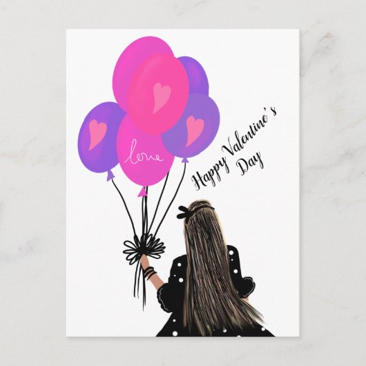 Carte Postale Illustration Fille Chic Ballons Saint-Valentin Ros (Devant)