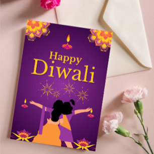 Carte Postale Illustration lumineuse Diwali rose pourpre