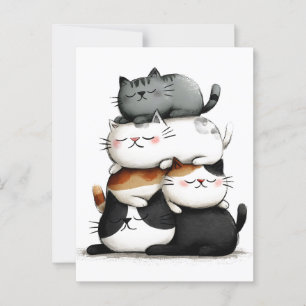 Carte Postale Illustration lunaire d'une pile de chats adorables