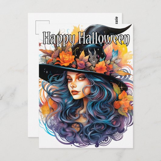 Carte Postale Illustration majestueuse de sorcière d'automne Hal (Devant / Derrière)