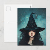 Carte Postale Illustration nocturne étoilée de sorcière (Devant / Derrière)