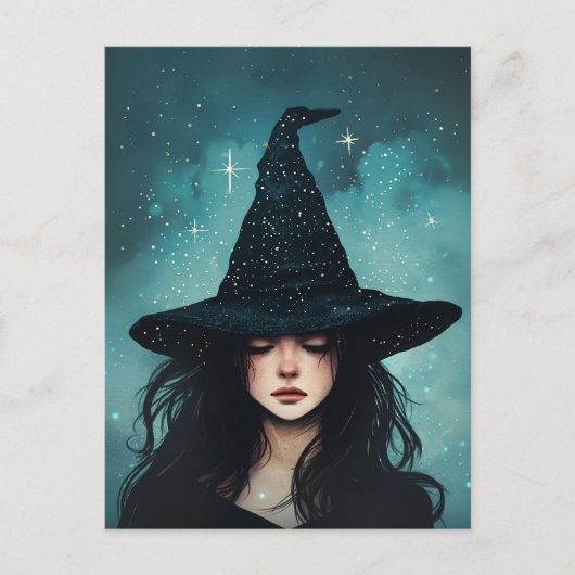 Carte Postale Illustration nocturne étoilée de sorcière (Devant)