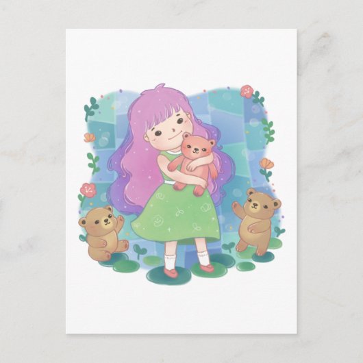 Carte Postale Illustration nounours et fille (Devant)