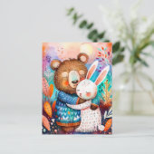 Carte Postale Illustration of bear hugging rabbit in forest. (Debout devant)