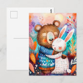 Carte Postale Illustration of bear hugging rabbit in forest. (Devant / Derrière)