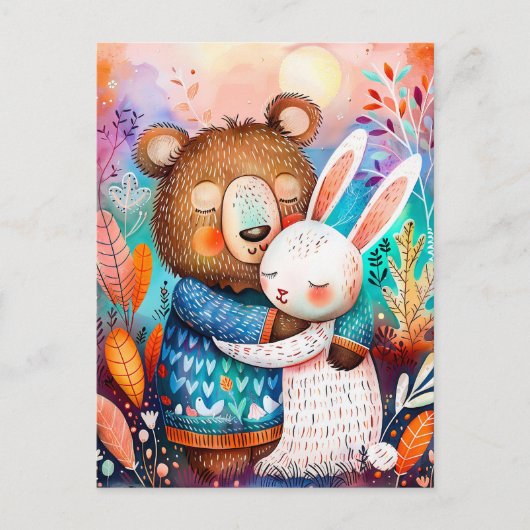 Carte Postale Illustration of bear hugging rabbit in forest. (Devant)