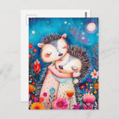 Carte Postale Illustration of two Hugging Hedgehogs in night at (Devant / Derrière)