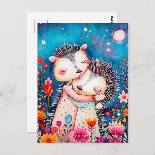 Carte Postale Illustration of two Hugging Hedgehogs in night at (Devant / Derrière)