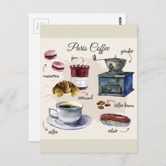 Carte Postale Illustration Paris café et pâtisseries (Devant / Derrière)