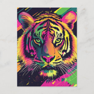 Carte Postale Illustration Pop Art Tiger avec des couleurs néon