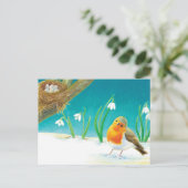Carte Postale Illustration Red Robin Bird & snowdrops (Debout devant)