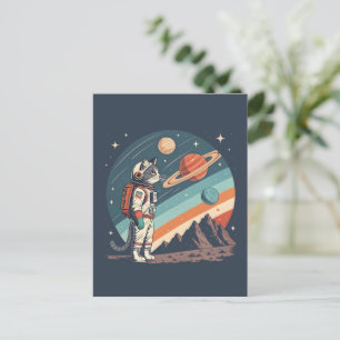Carte Postale Illustration Rétro de Chat Astronaute dans l'Espac