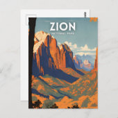 Carte Postale Illustration rétro du parc national de Zion (Devant / Derrière)