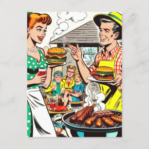 Carte Postale Illustration Retro Family Barbecue Comics