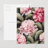Carte Postale Illustration rose peony flowers with green leaves (Devant / Derrière)