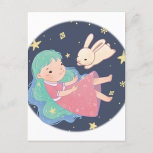 Carte Postale Illustration Starry Night Bunny & Girl