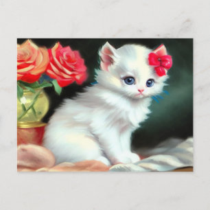 Carte Postale Illustration vintage de Kitten blanc avec fleurs r