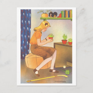 Carte Postale Illustration vintage de la fille avec Plante point