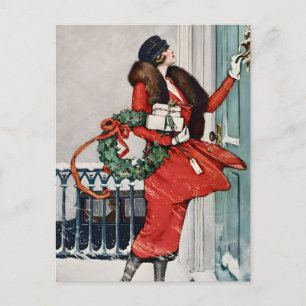 Carte Postale Illustration vintage de Noël sur le pas de la port
