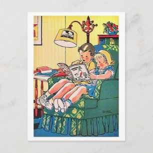Carte Postale Illustration vintage d'enfants lisant