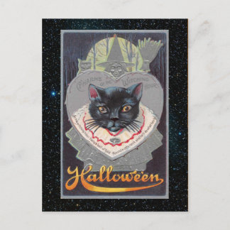 Carte Postale Illustration vintage d'Halloween de chat drôle